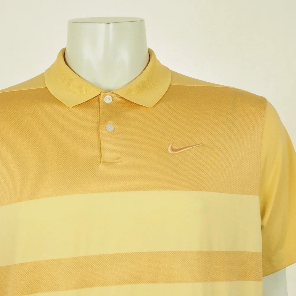 Nike Golf Vapor Polo Shirt Mens Large Yellow Striped Dri-Fit Performance Blend